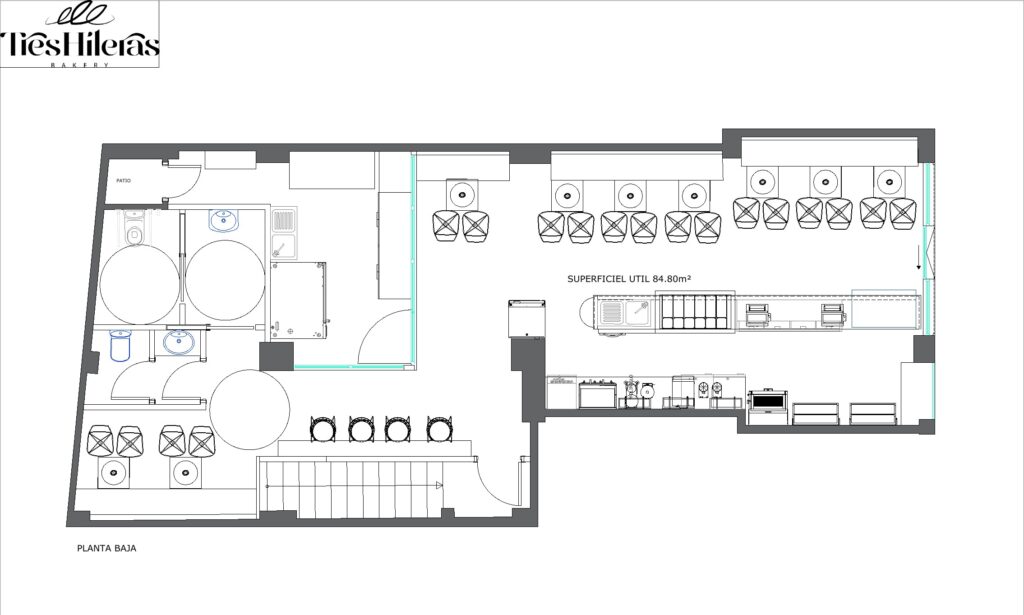 Ground floor plan of the new bakery in Santa Cruz de Tenerife de Tres Hileras (Viera and Clavijo Street 6, 84,80 useful m2)